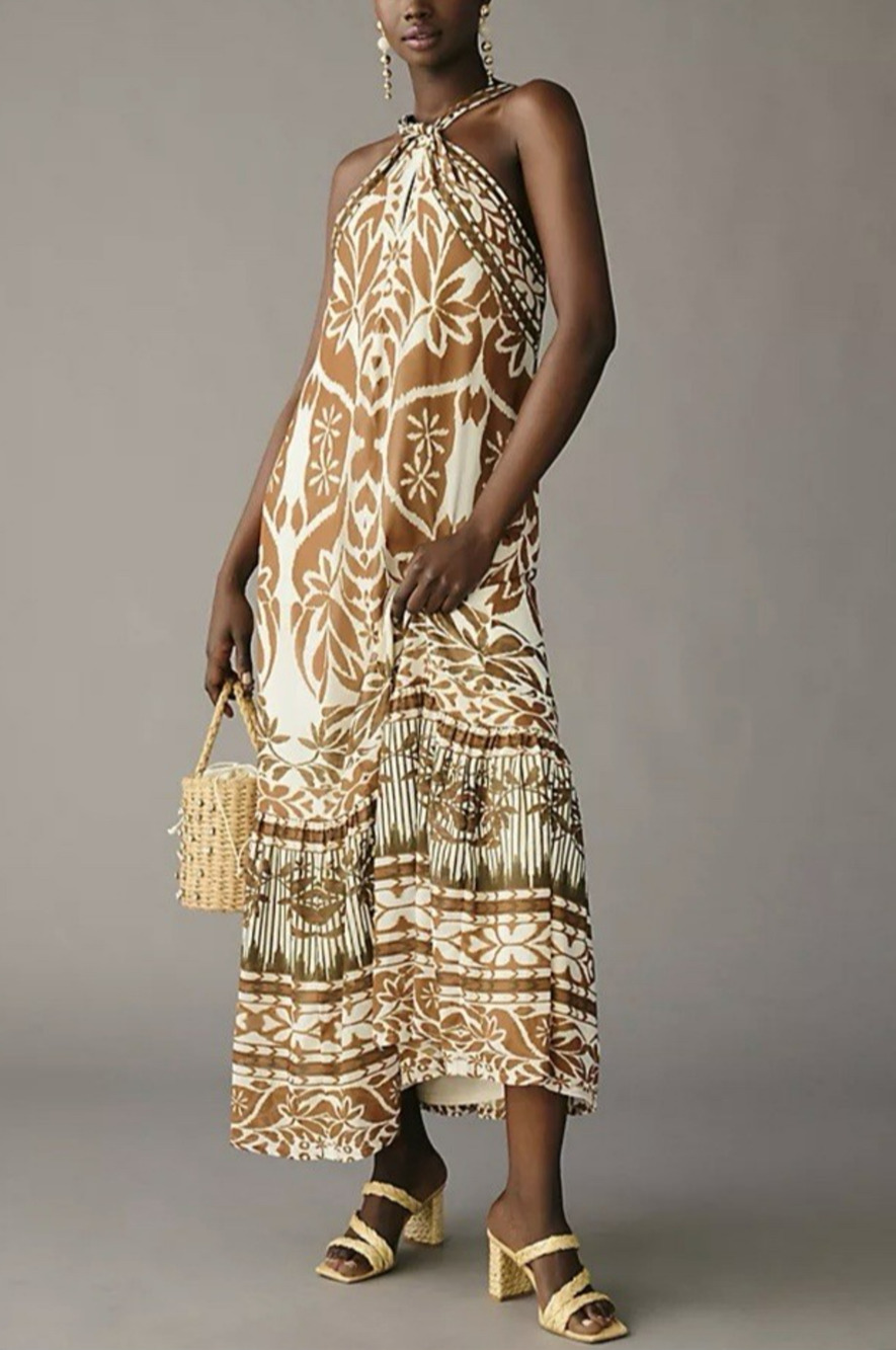 Vineet Bahl Anthropologie Printed Halter Dress Size XL Maxi Brown Cream Boho